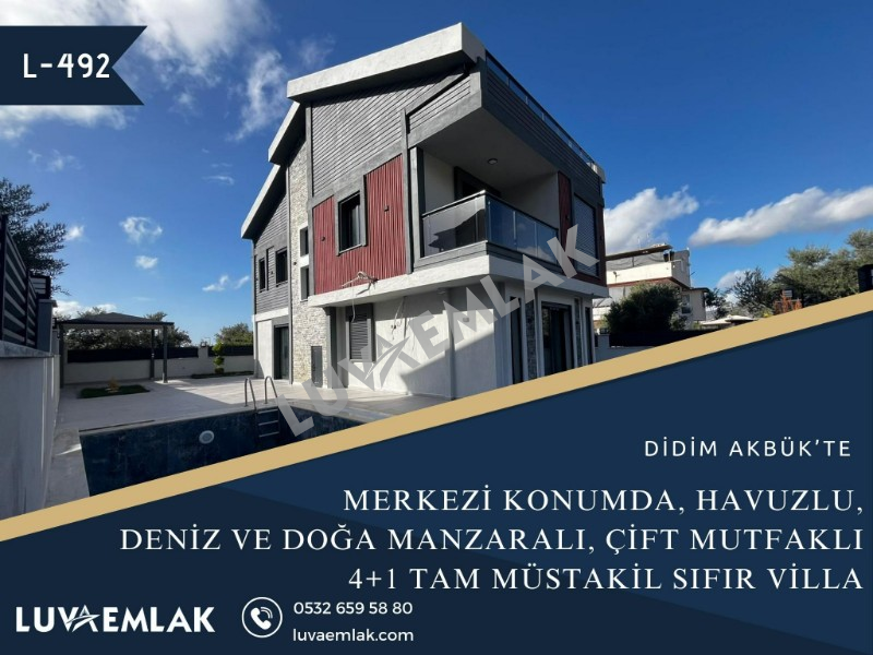 DİDİM AKBÜK'TE MERKEZİ KONUMDA DENİZ VE DOĞA MANZARALI 4+1 SIFIR MÜSTAKİL VİLLA