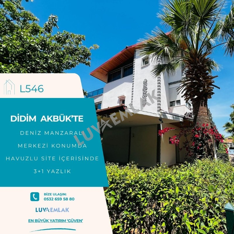 DİDİM AKB&Uuml;K'TE DENİZ MANZARALI, MERKEZİ KONUMDA, HAVUZLU SİTE İ&Ccedil;ERİSİNDE SATILIK 3+1 YAZLIK